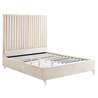 Claira Beige Platform Bed with Tufted Headboard