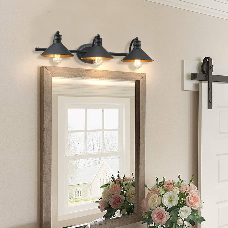 3-light Vanity Light with Matte Black finish and Gold Painting Inside