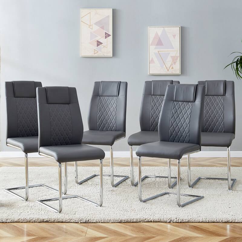 Leather Dining Chair Set of 6 Office Chair with C-Shaped Metal Legs