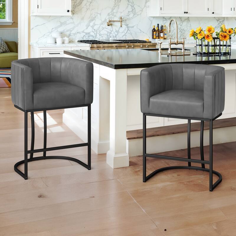 LUE BONA Modern 26.in Low Back Counter Height Barstools Upholstered/PU Leather Barrel Set of 2 Bar Stools with Metal Frame - Grey&Black/Faux Leather