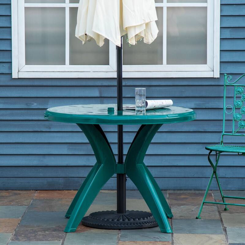 36.25" Dia Round Plastic Patio Table with Umbrella Hole, Outdoor Bistro Dining Table, for Bar, Garden