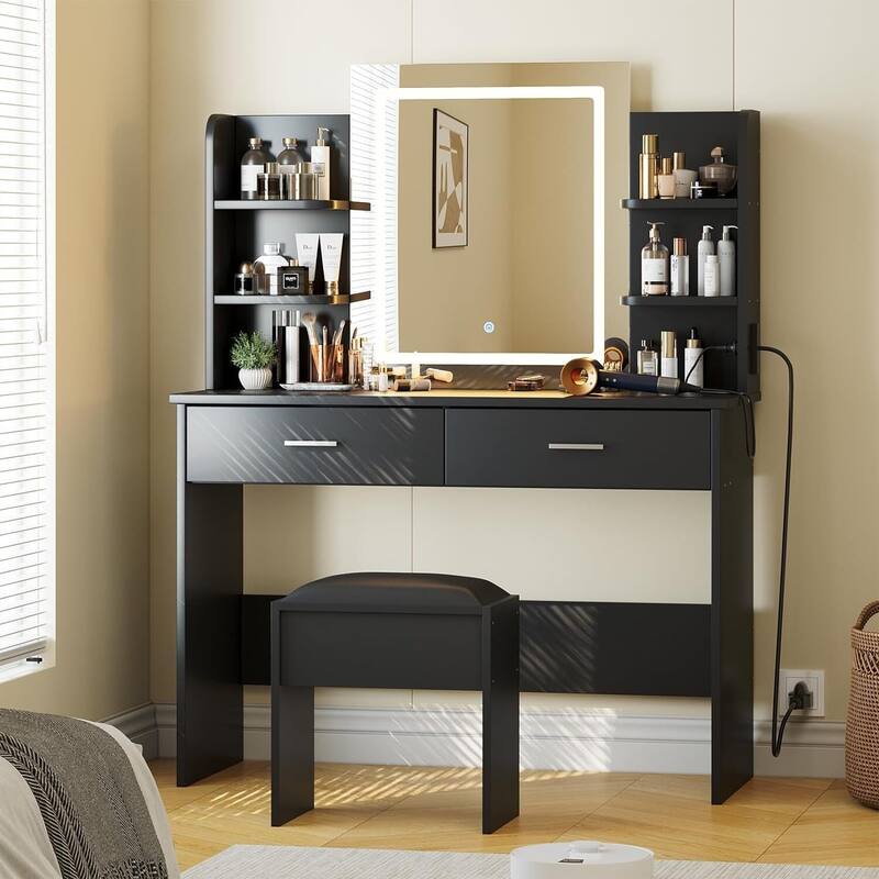 Vanity Desk with Lighted Mirror and 6 Storage Shelves