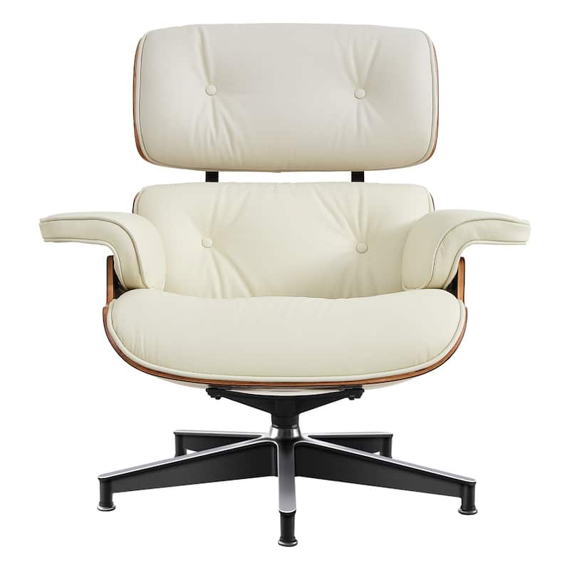 HomeRoots 27" Off White and Light Brown Tufted Genuine Leather Swivel Lounge Chair With Ottoman