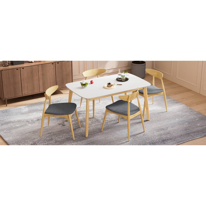 Roomfitters 5-Piece Scandinavian Dining Set, 59" White Oak Table with 4 Ergonomic Beige Upholstered Chairs