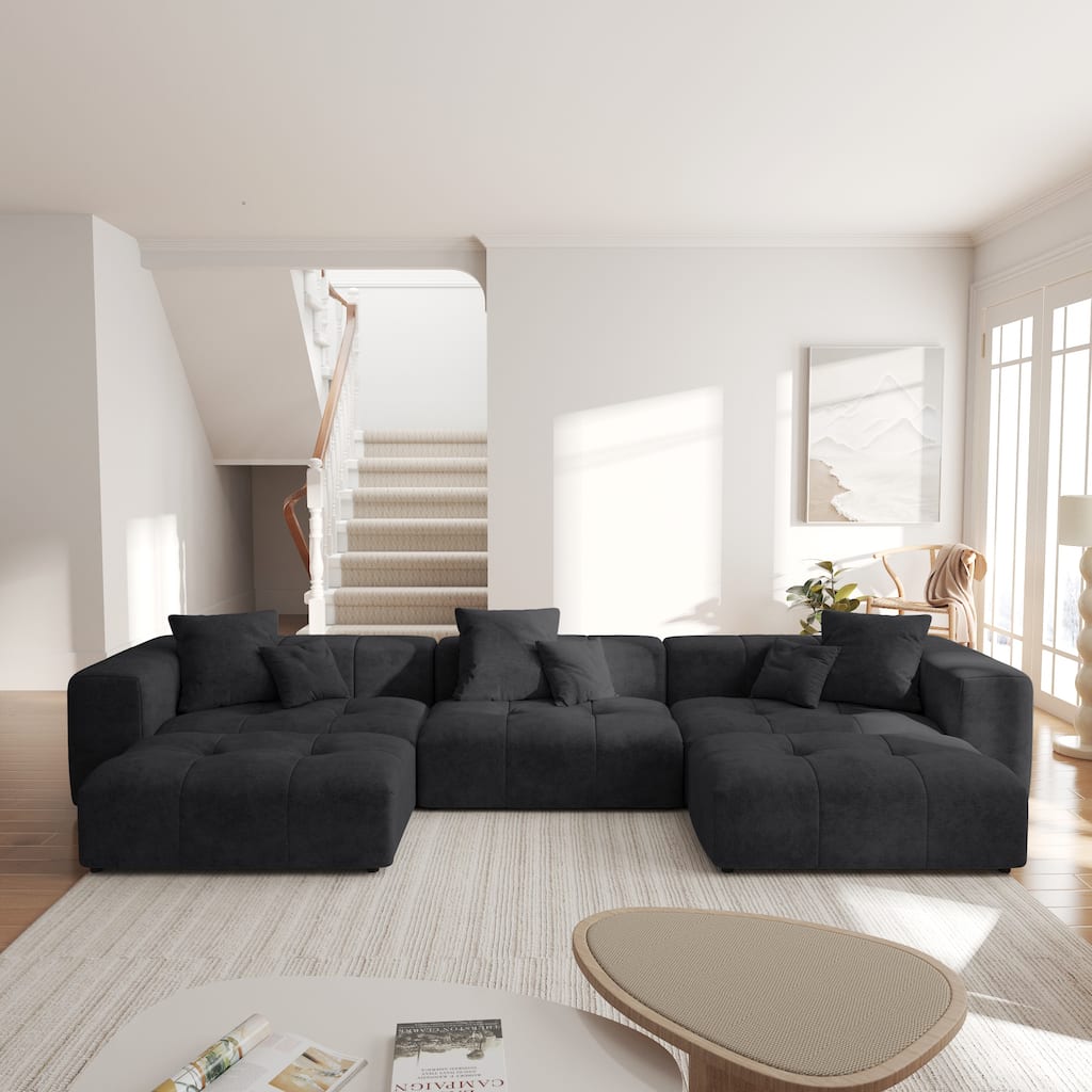 Extra Linen Upholstered Sectional Sofa 3-Seater Deep Seats Modular Couch with 2 Ottoman