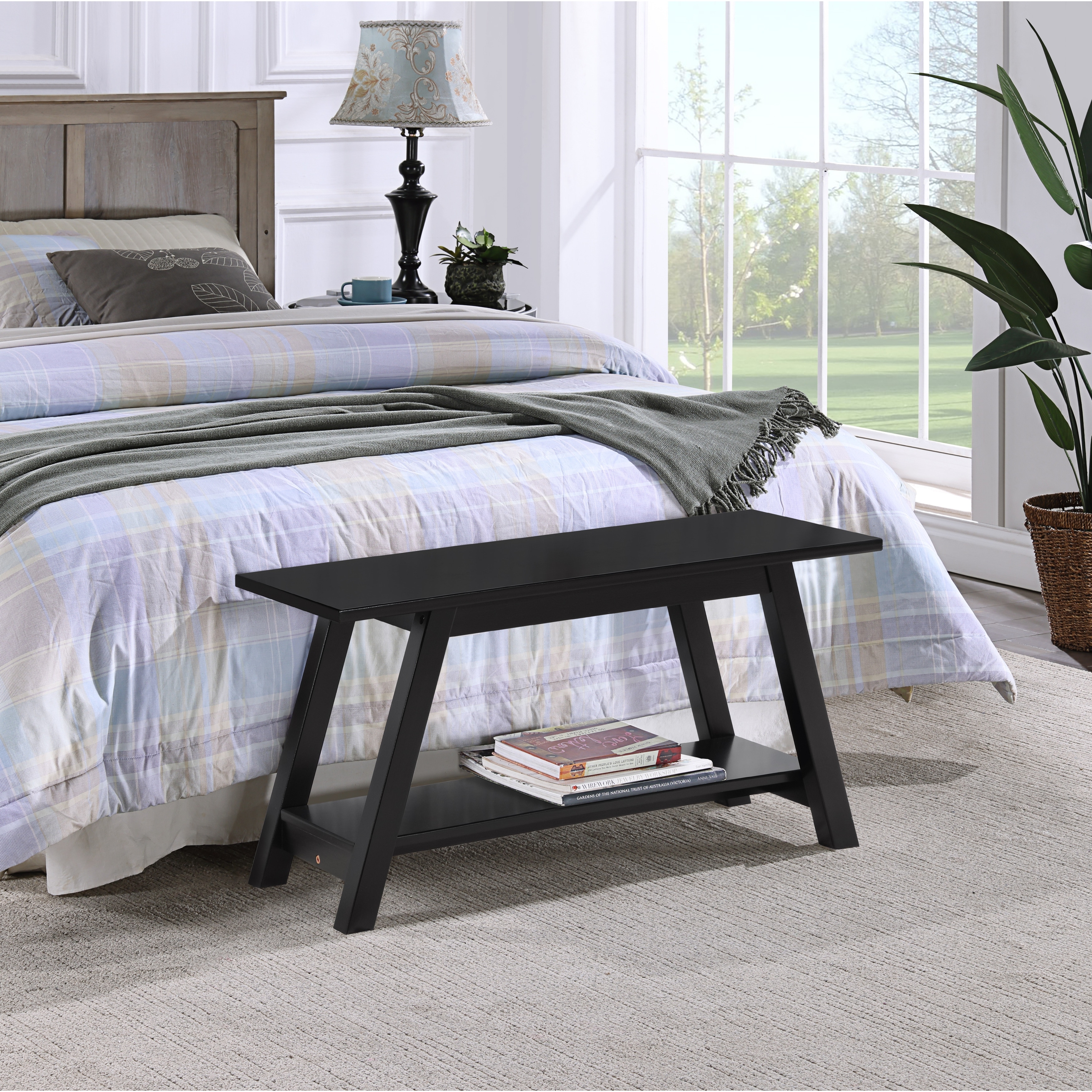 Solid Wood Bench with Shelf, 36.1" Long, Espresso