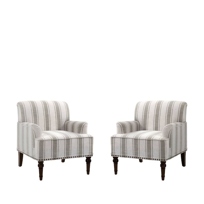 Set 2 Striped Upholstered Linen Armchair with Brass Nailhead Trim