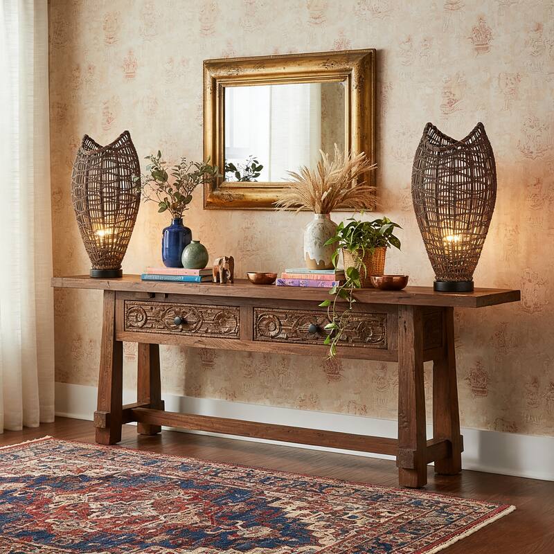 Kyoto 1-Light Rattan Table Lamp, Coastal Boho Japandi - Handwoven - 18" Tall