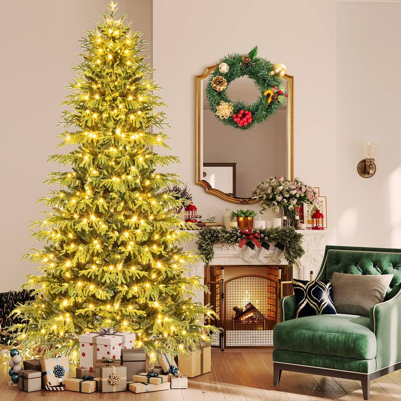 Gymax 8 FT Pre-Lit Artificial Christmas Tree Hinged Full Xmas Tree w/