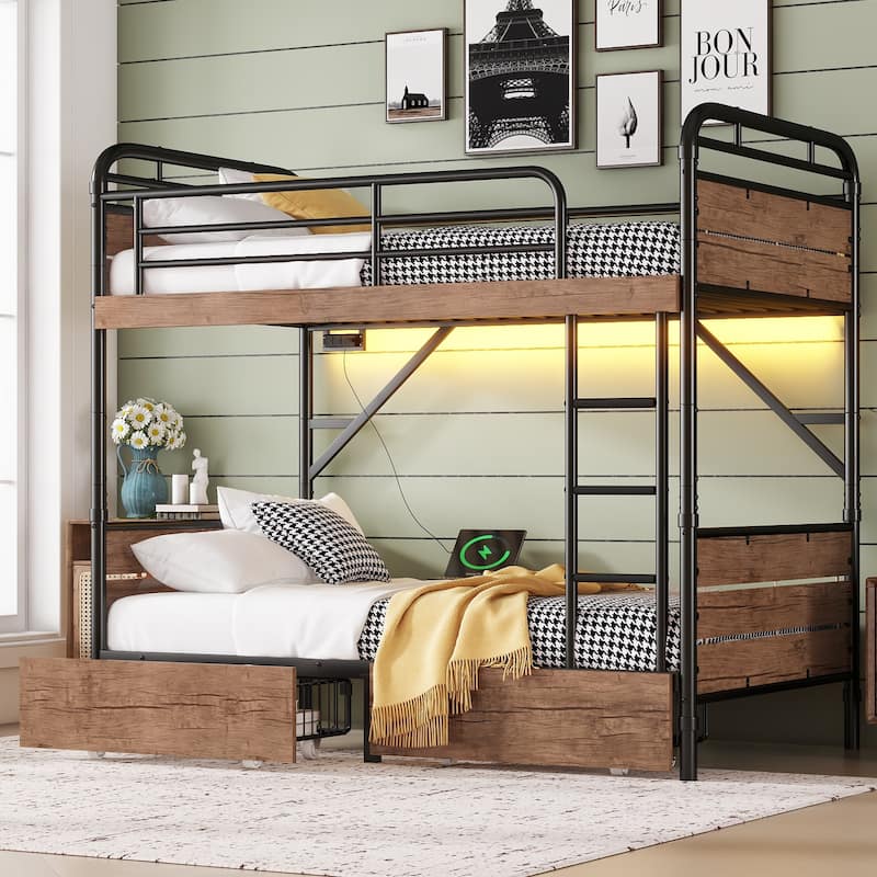 Metal Bunk Bed with USB Charging Station, LED Bunk Bed with 2 Storage Drawers, Safety Guardrail & Ladders
