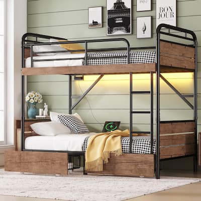 Twin XL over Twin XL Metal Bunk Bed with LED Lights, Charge Station, and Storage Drawers, Black