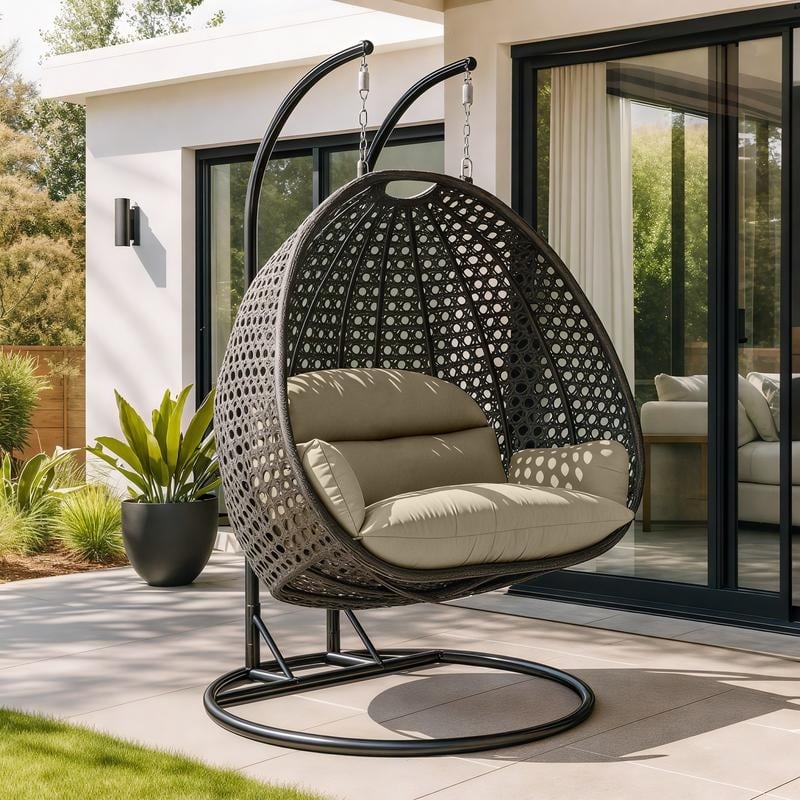 LeisureMod 2-Person Charcoal Wicker Egg Swing - Includes Metal Stand & Cushions - Modern Double Patio Lounger