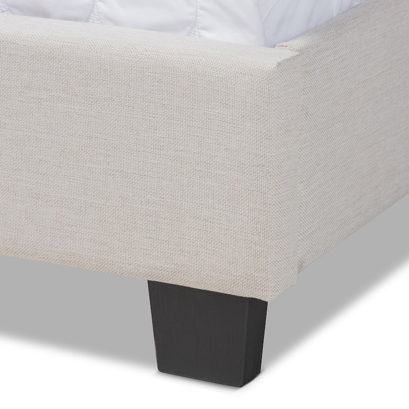 Full Size Bed Frame Upholstered Modern Beige Fabric Bed with Nailhead Trim & Sturdy Wood Frame