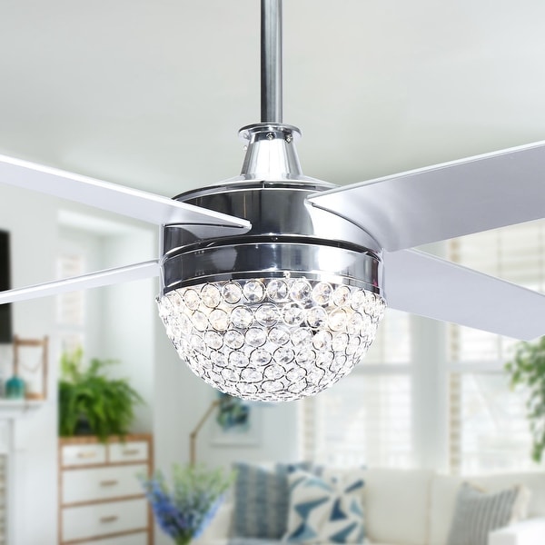 48" Ceiling Fan With LED Lights Modern Crystal Chandelier Fan 4 Blades Chrome 
