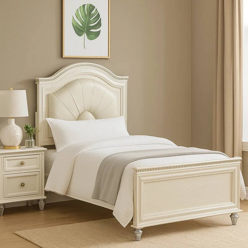 Jisoo Full Size Bed, Pearl White Upholstery, Radial Arch Headboard
