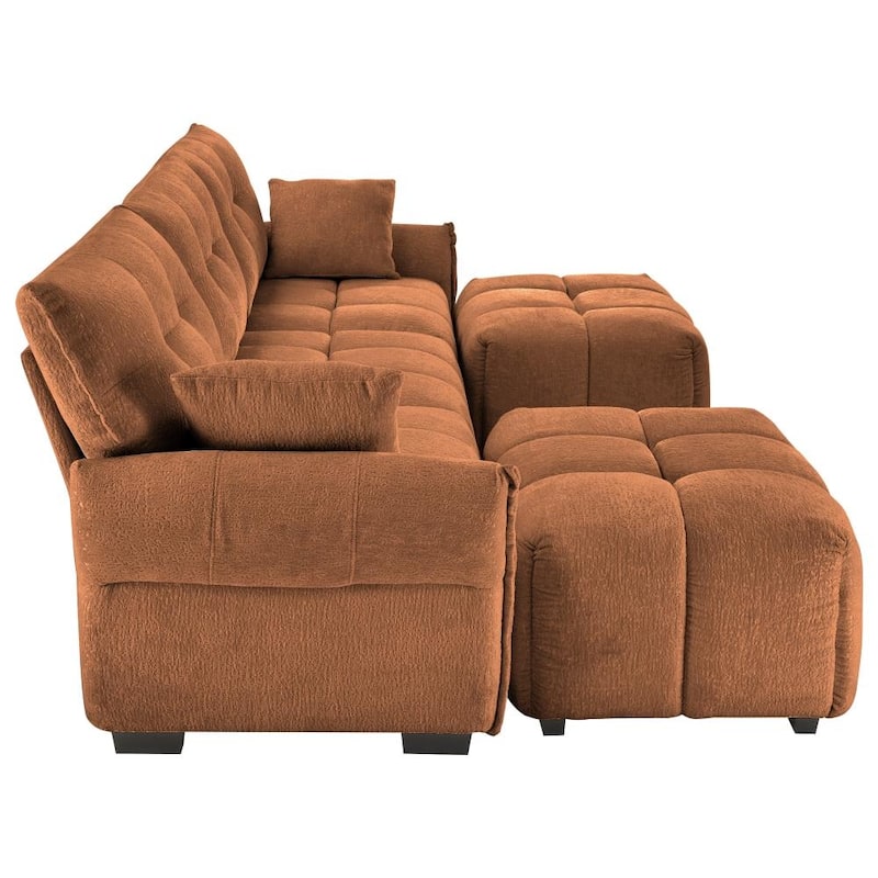 Modular Wood Frame 3-seater Sectional Sofa Set with Ottomans and Throw Pillows