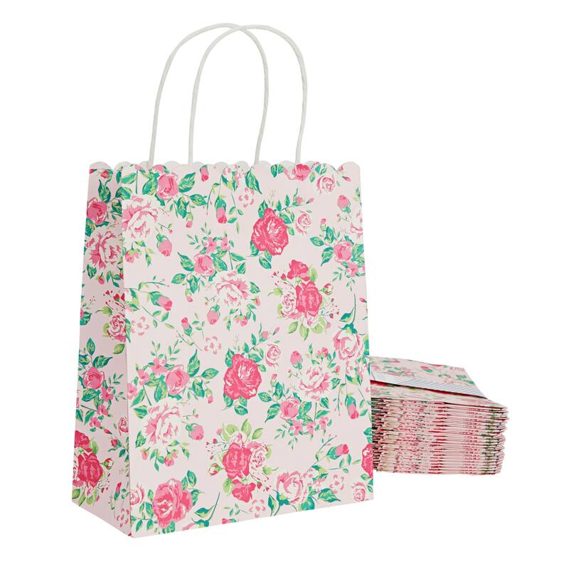Blue Panda 24 Pack Medium Floral Gift Bags with Handles for Birthday Party Present 10x8x4"