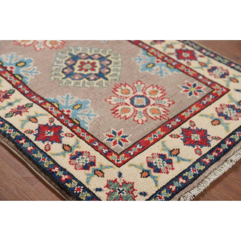 Hand Knotted Oriental 100% Wool Carpet Traditional Geometric Brown Kazak Area Rug - 2' 11'' X 2' 1''