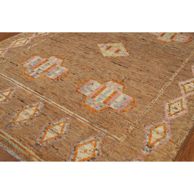 Moroccan Oriental Area Rug Hand-Knotted Brown Modern Wool Carpet - 7'0" x 9'6"