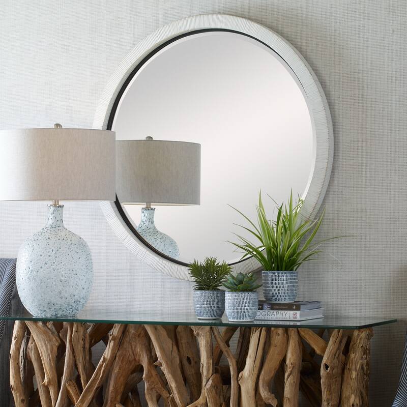 Round Rattan Wrapped Beveled Wall Mirror - 39.25" - White and Black
