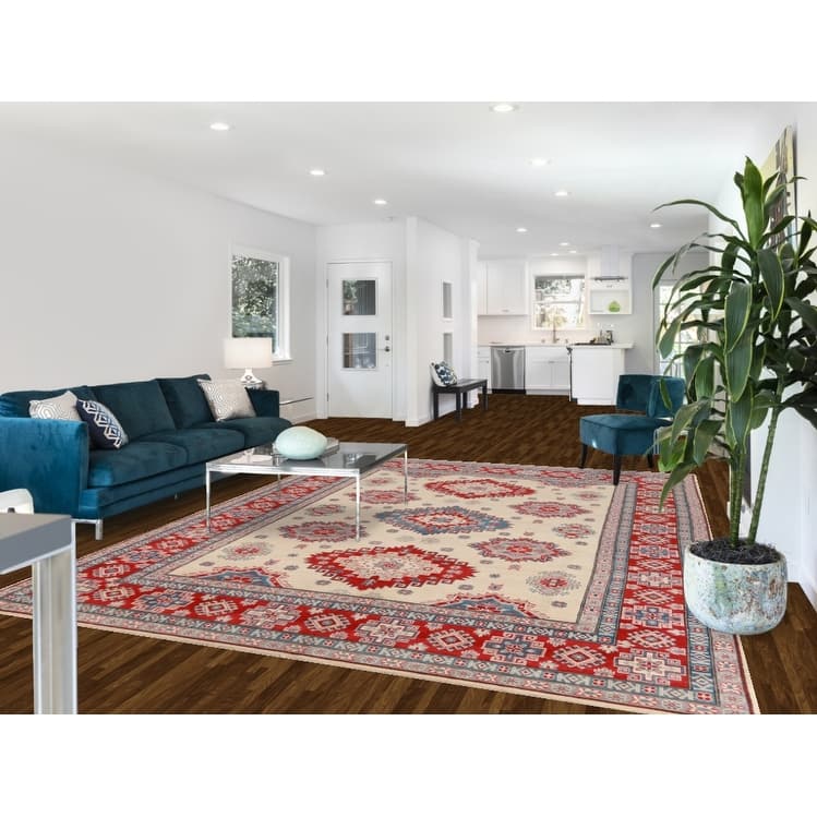 Hand Knotted Oriental 100% Wool Carpet Traditional Geometric Beige & Ivories Kazak Area Rug - 11' 1'' X 8' 4''