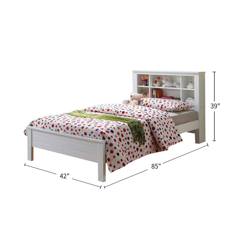 Wooden Twin Bed with Shelf Headboard in White