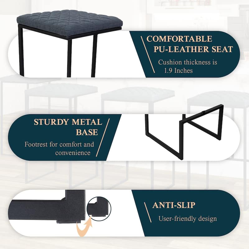 Quincy Leather Counter Barstool – Upholstered Square Seat with Quilted Back, Footrest, and Metal Legs for Kitchen or Dining Area