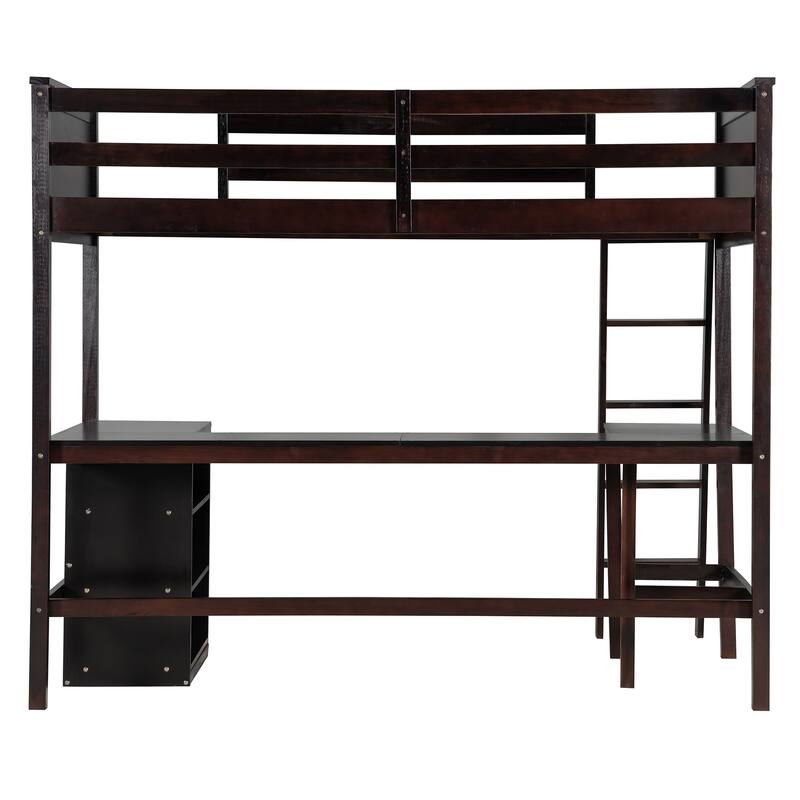 Solid Pinewood Twin Size Loft Bed with Full Length Guardrail, Wooden High Loftbed Frame with Storage Shelves and Built In Desk