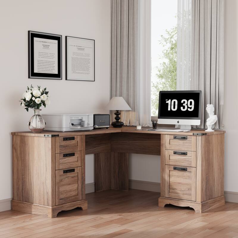 L Shaped Desk, Wood Office Desk with Charging Station, File Drawer - Oak