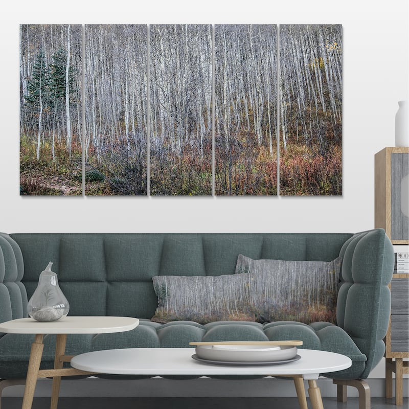 Designart "Maroon Bells Mountain View" Modern Forest Canvas Art - 60 in. wide x 28 in. high - 5 Panels Equal Panels