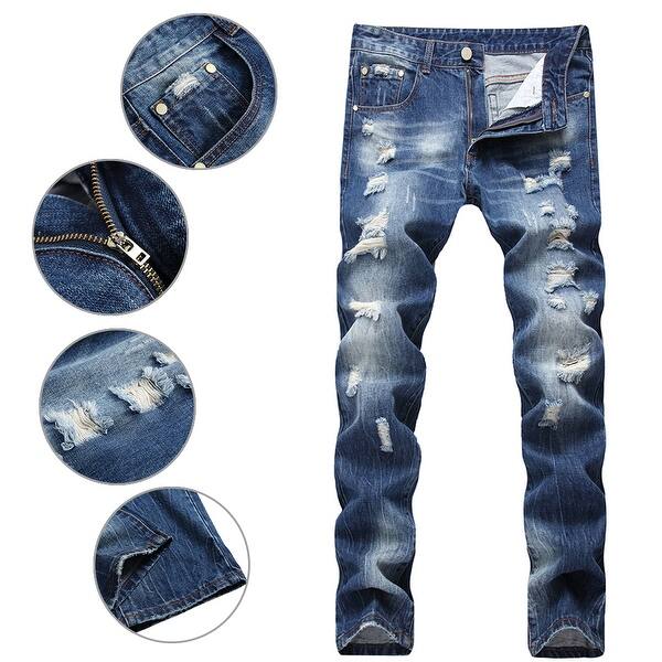 Shop Hemiks Men S Casual Ripped Straight Broken Hole Legs Denim