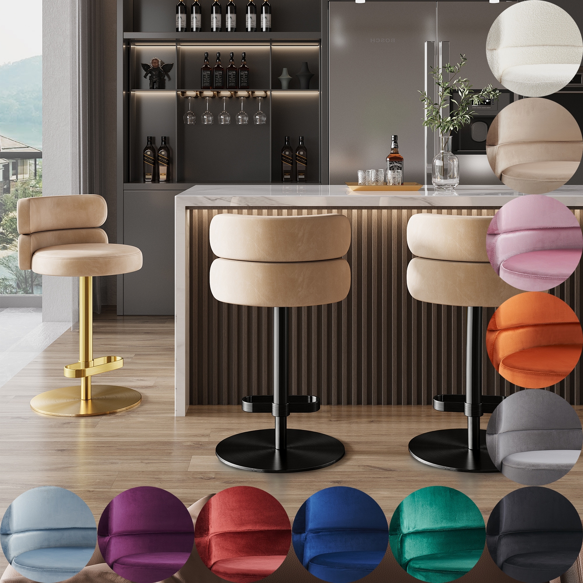 Bar Stool, Adjustable Height Swivel Velvet with Backrest, 1 Piece