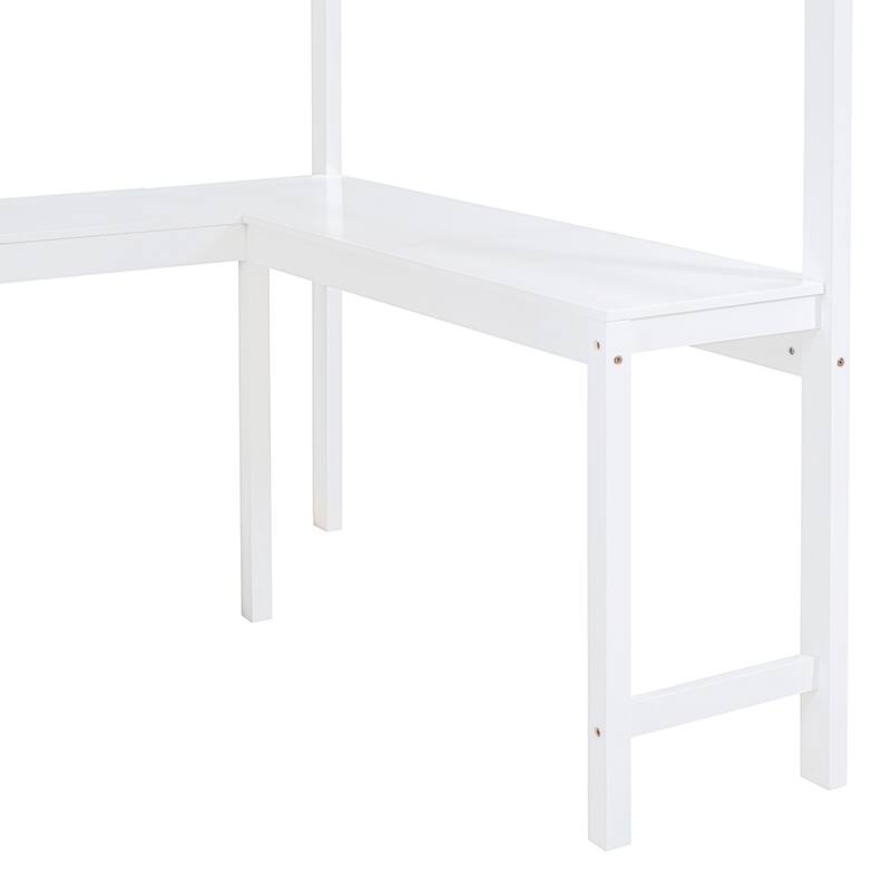 Full Size Loft Bed with Desk and Shelves in White/Gray