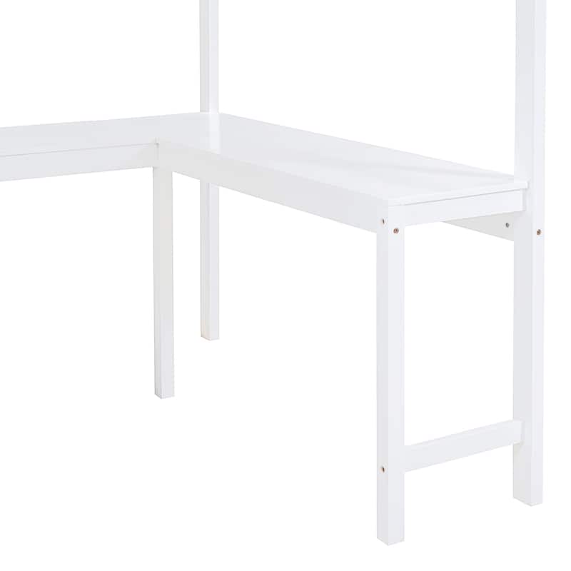 White Full Solid Wood Loft Bed with Desk & Shelf
