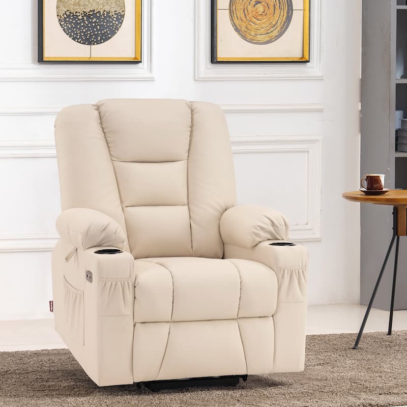 MCombo Large Lift Recliner Chair with Massage and Heat for Elderly, Extended Footrest, Cup Holders, USB Ports, Faux Leather 7539 - Cream White