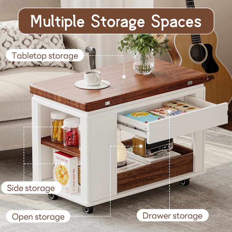 27.6" Modern Coffee Table with Foldable Top & Casters, Multi-Tier Storage Side Table for Living Room