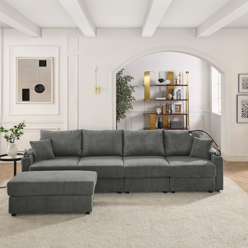 4 Seater Storage Lounge Couch Corduroy L-shaped Sectional Sofa with Ottoman, Phone Stand and Cup Holders for Living Room - Grey