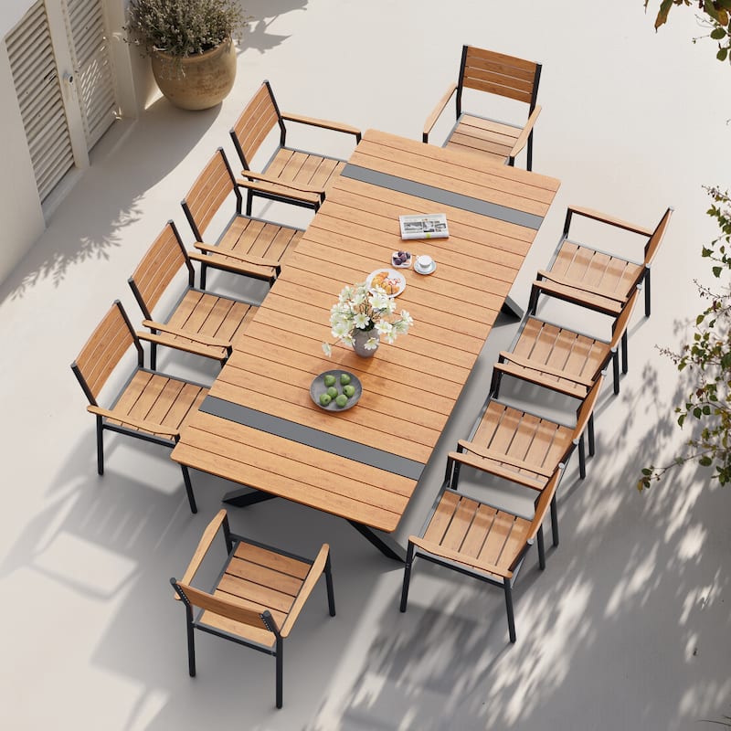 Pellebant 11PC Aluminum X Frame Outdoor Patio Dining Set Table with Stackable Armchairs - Brown