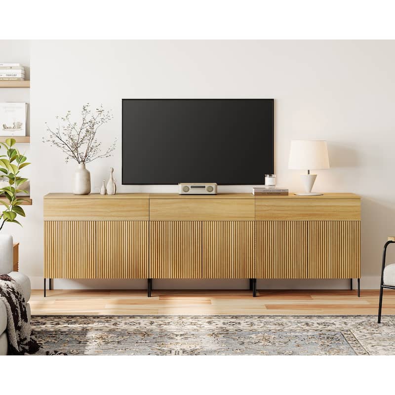 31.5" Modern Reeded TV Stand With Doors, Entertainment Center With Shelf, Wooden TV Console - 3PCS - Oak