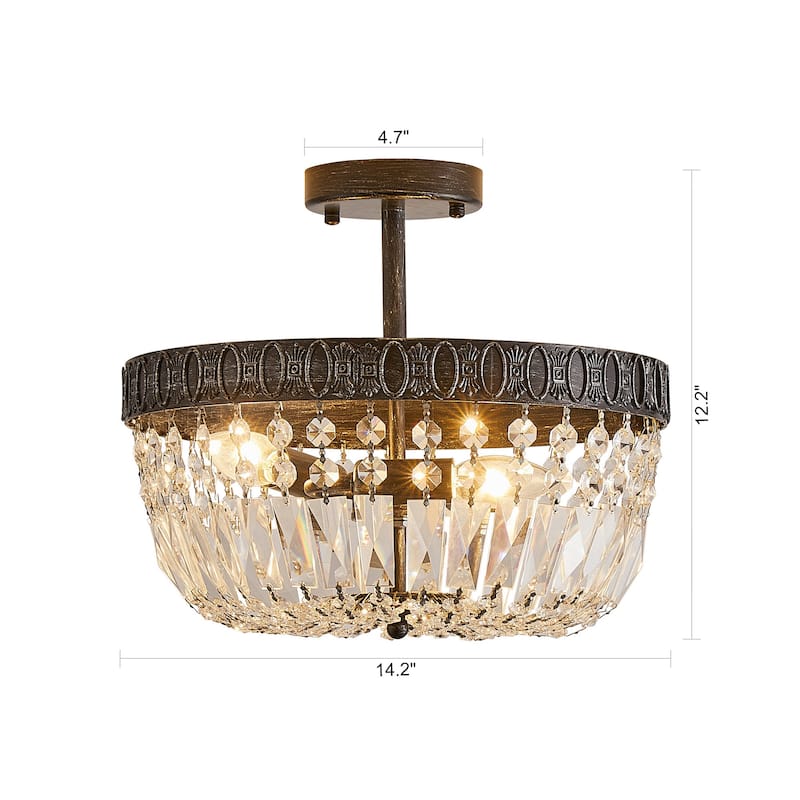 Weathered Black 3-Light Crystal Semi-Flush Mount Ceiling Light with Bowl Shade - 14.2"Wx 12.2"H