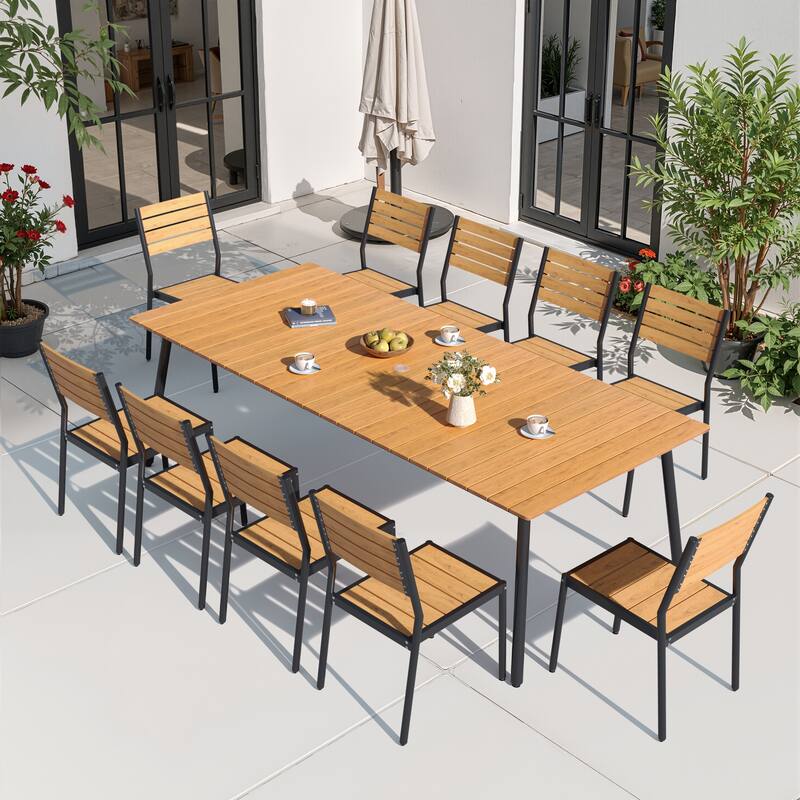 11 PCS Outdoor Dining Set Rectangle Aluminum Dining Table with Umbrella Hole and 10 Stackable Chairs - Brown