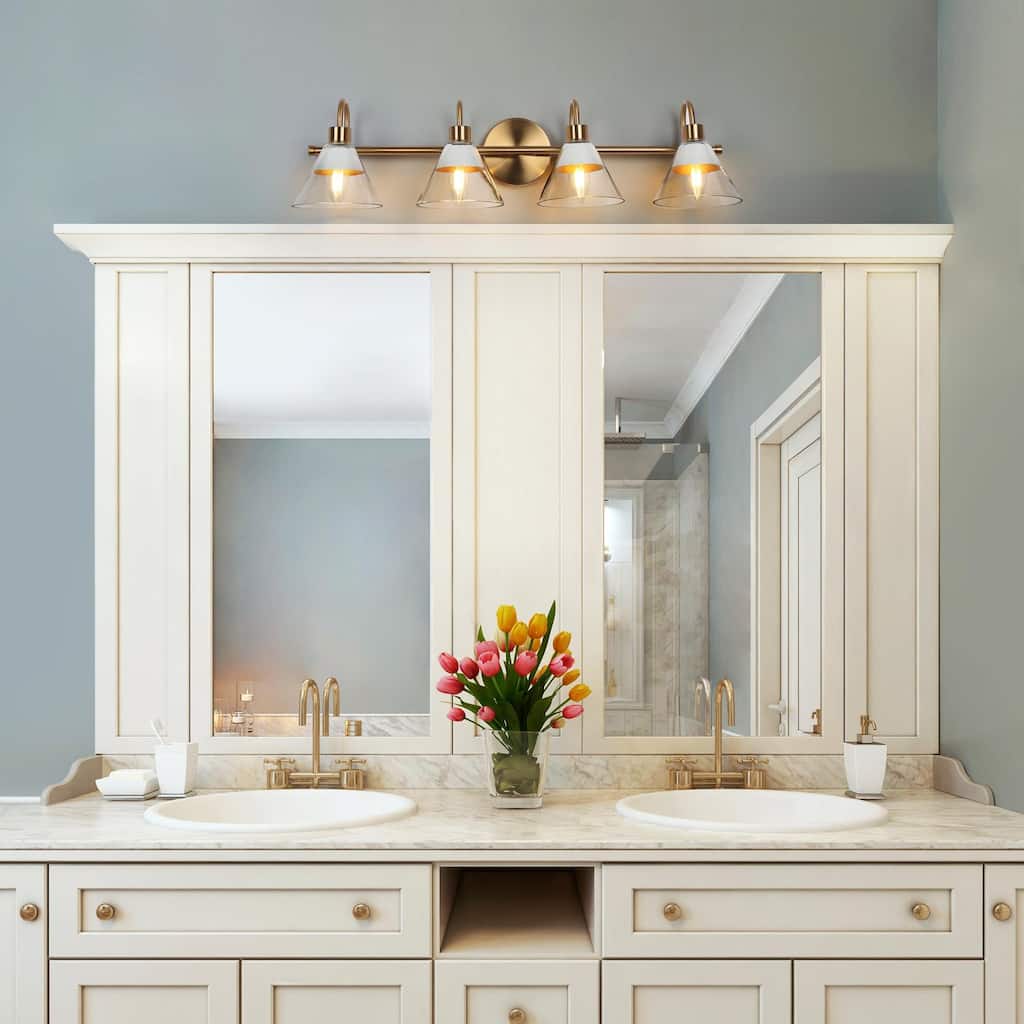 Seticy Modern Gold 4-Light Linear Glass White Bathroom Vanity Lights Dimmable - L 30"* W 7"* H 7"