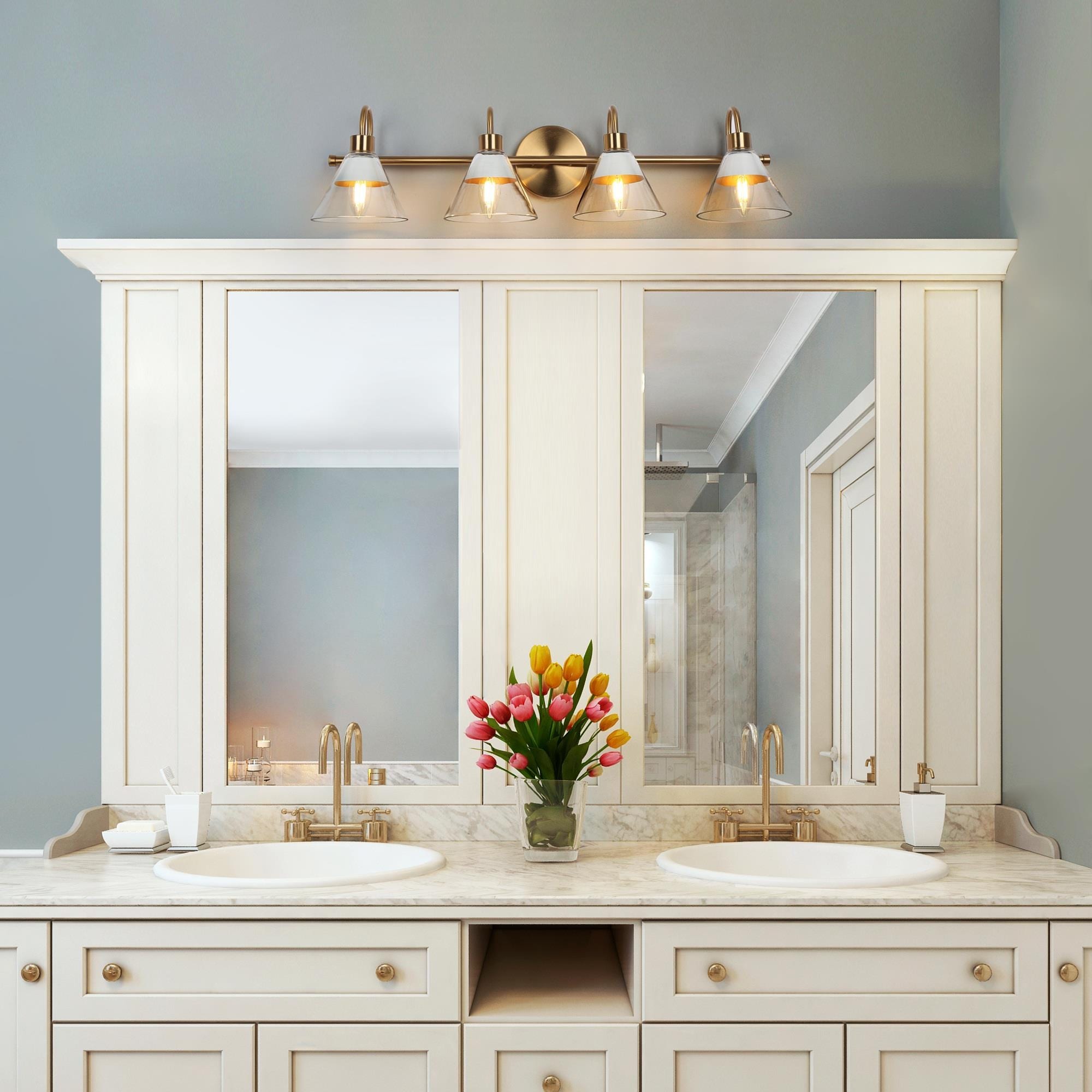 Seticy Modern Gold 4-Light Linear Glass White Bathroom Vanity Lights Dimmable - L 30"* W 7"* H 7"