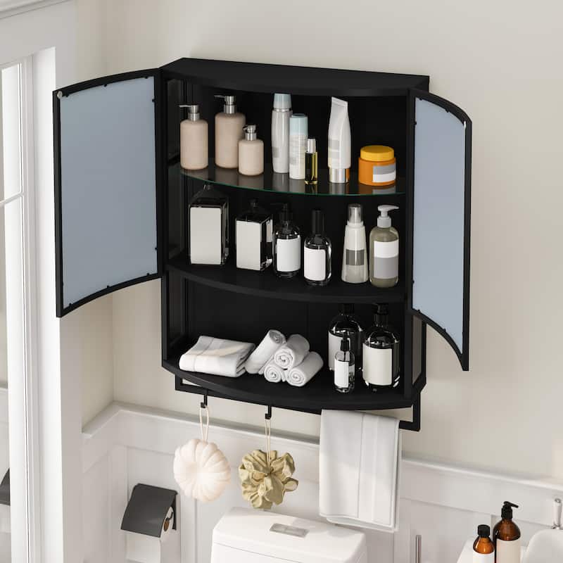 Anmytek Black 24 Inch Arched Mirror Wall Cabinet with Glass Double Doors and Towel Rack - 23.62*8.85*31.5