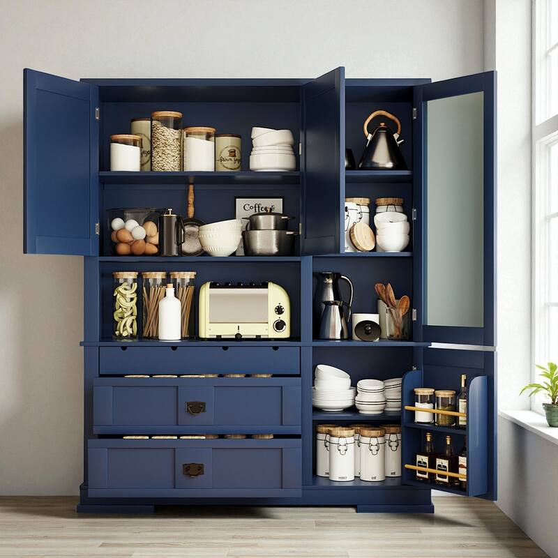 Traditional 63" Buffet Hutch Kitchen Pantry Cabinet with Drawers, Doors, and Adjustable Shelves for Dining Room or Storage - Blue
