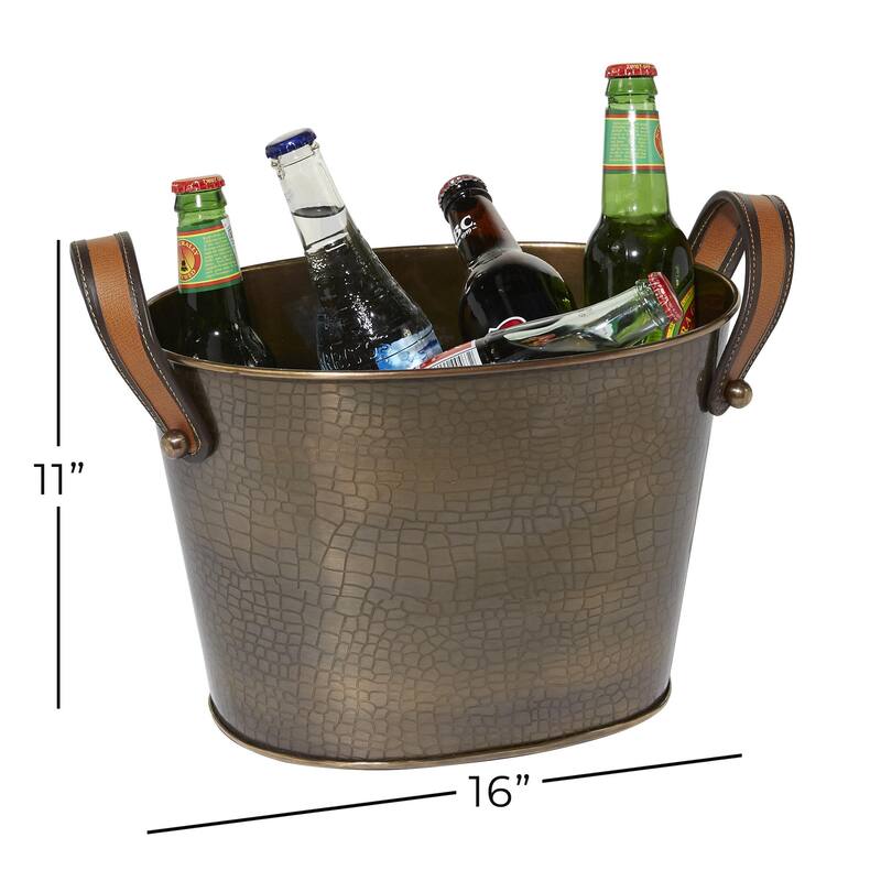 Stainless Steel Metal Ice Bucket with Leather Strap Handles - Bronze - Roche River Decor