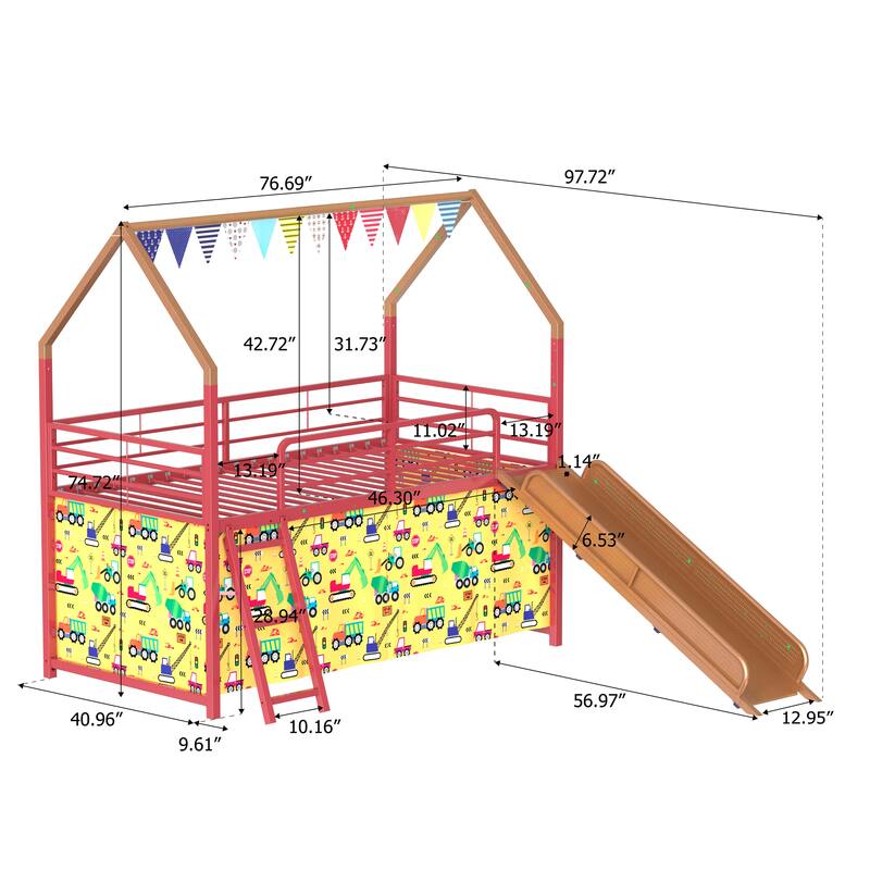 Metal Junior House Twin Loft Bed with Slide and Curtain Set and Pennant Banner Flag and Star Stickers