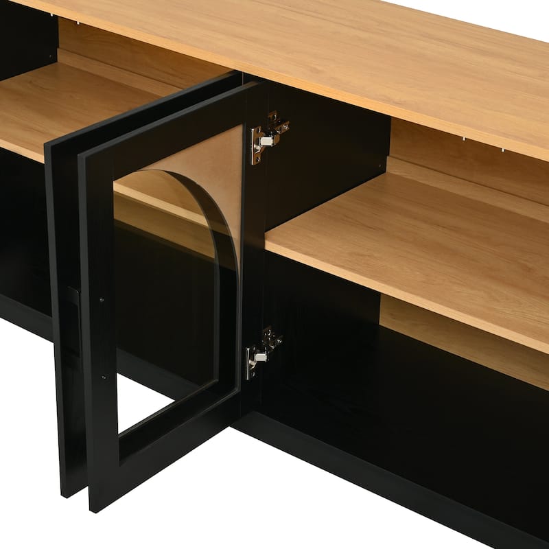 Farmhouse TV Stand with Semi-Arched Glass Doors for TVs Up to 70",Adjustable Shelves,Wood Grain Sideboard with Cable Management