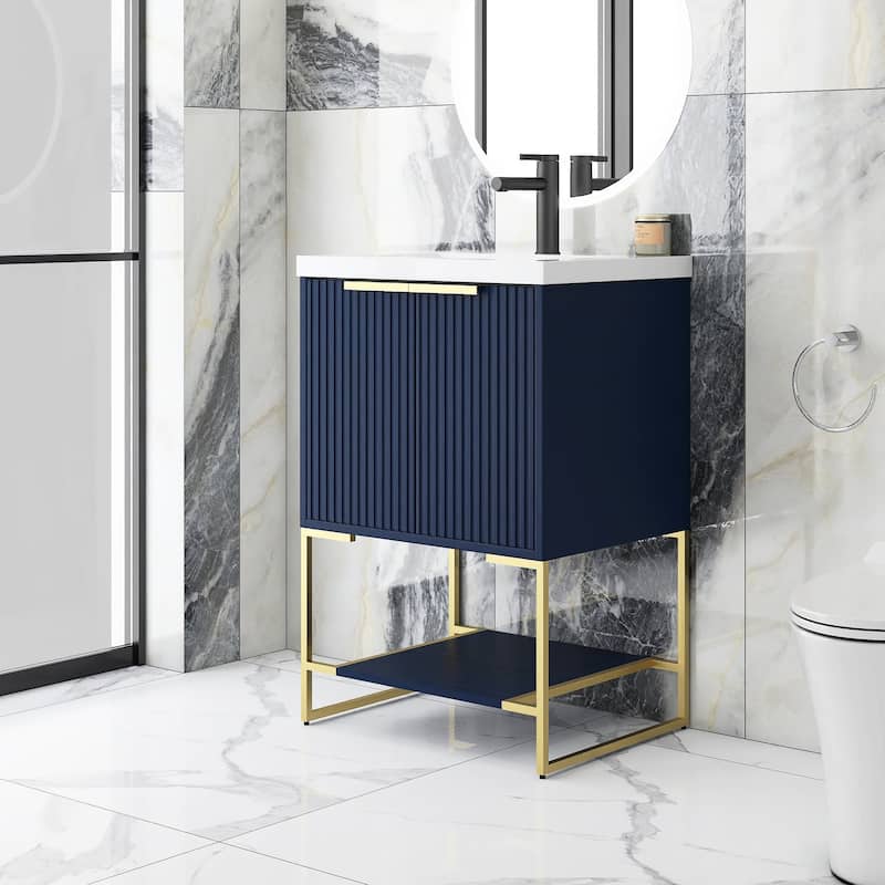 24"/30" Plywood Freestanding Bathroom Vanity Set with White Sink - 24" x 18" - Navy Blue