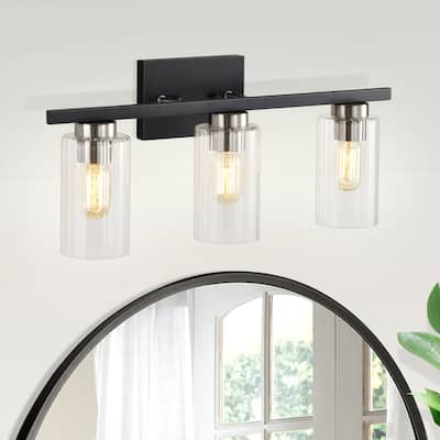 3-Light Black and Brushed Nickel Modern Vanity Light with Beveled Glass Shades - N/A